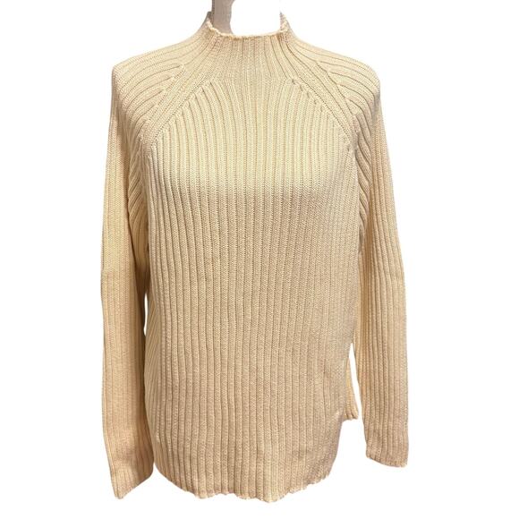 Lands End Women’s Size L 14 16 Chunky Knit Mockneck Sweater Cream 100% Cotton - Picture 1 of 5